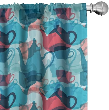 Ambesonne Tea Party Curtains, Crockery Composition Abstract Overlapping Silhouettes Teapot and Cups, Window Treatments 2 Panel Set for Living Room Bedroom, Pair of - 28 x 95, Dark Coral Pale Blue