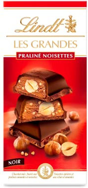 Lindt - Tablettes Praliné Noisettes LES GRANDES - Chocolat Noir, 225g