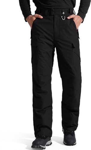 FREE SOLDIER Men's Waterproof Snow Insulated Pants Winter Skiing Snowboarding Pants with Zipper Pockets (Black Medium(34-36)/30L)