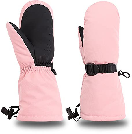 Pesaat Kinder Skihandschuhe Winter Jungen Mädchen Handschuhe Wasserdicht Winddichtem Fausthandschuhe Dicke Wärmende Skifäustlinge (Rosa, 4-6Jahren,L)