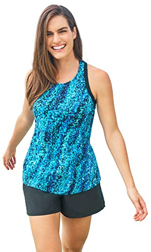 Swimsuits For All Swim 365 Women's Plus Size Longer-Length High-Neck Racerback Tankini Top - 20, Aqua Abstract