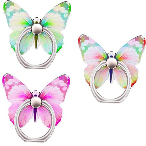 IESOME Bonito Soporte para teléfono, 3 Piezas de Soporte de Anillo para teléfono Celular Butteryfly Soporte de Metal de rotación de 360 ° con asa de botón (Verde, Rosa, Amarillo)