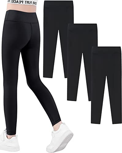 Domee Mädchen Sport Leggings Sporthosen Einfarbig 3er-Pack Schwarz 134-140 (Herstellergröße 140)