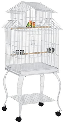 PawHut Gabbia per uccelli con ruote Gabbia grande con supporto 50 x 49 x 137 cm con vassoio estraibile porte mangiatoie grucce e ripiano inferiore per canarini parrocchetti bianco