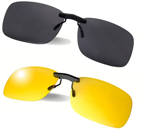 BLUE CUT 2 PACK Clip On Polarized Sunglasses Over Prescription Glasses With UV-400 Protection Lenses For Driving and Sports
