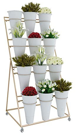 Panente de exhibición de flores de hierro de 4 niveles con 12 cubos de plástico, carro de flores móvil de servicio pesado con ruedas, desmontables y fáciles de ensamblar