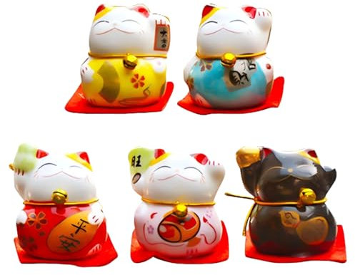 Tissting 5 Uds. Figuritas Japonesas de Gato de la Suerte de Maneki Neko, Figuritas de Gato de la Fortuna, Pequeñas y Lindas Líneas de Colores Brillantes, Figuras de Maneki Neko para Coche