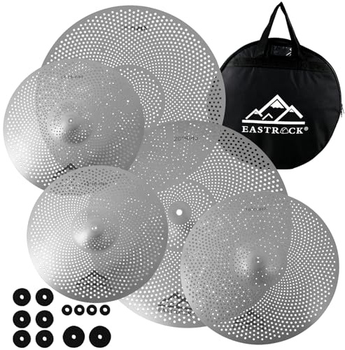 EASTROCK Low Volume Cymbal Pack - 5 Piece Set, 14 Hi-Hat + 16 & 18 Crashes + 20 Ride with Cymbal Bag and Felts