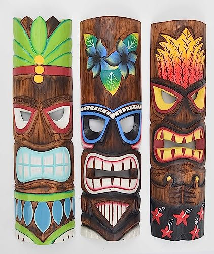 3 bunte Tiki Holzmasken 50cm im Hawaii Style 3er Set Holzmaske Wandmaske Tiki