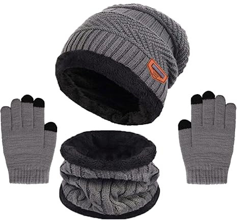 Kinder Wintermütze Schal Handschuhe, Warme Winter Strickmütze Bommel Beanie Weich Dicken Fleece Futter Schlauchschal Winterhandschuhe Hut 3 Stück Set für Mädchen Jungen Kleinkind 3-8 Jahre Grau