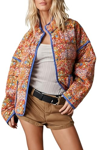Omoone Women Cropped Quilted Jacket Floral Printed Lightweight Puffer Coat(Yellow-L)