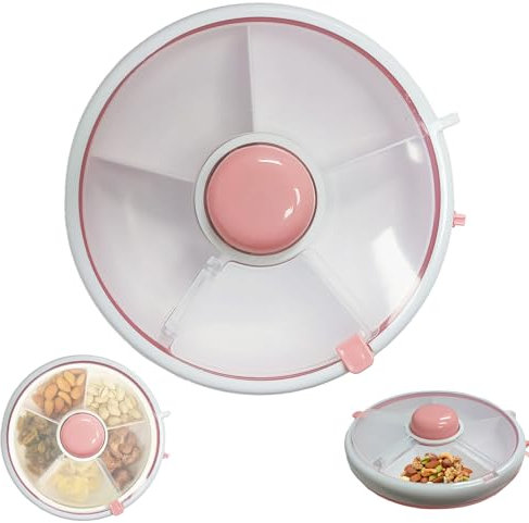 Bocguy Snack Spinner, Snackschale mit Deckel, Snackbox mit Fächern zum Drehen mit 5 Fächern, Snackschale Spinner für Partynüsse, Trockene Gewürze, Süßigkeiten, Nüsse, Obst, Gemüse, Rosa