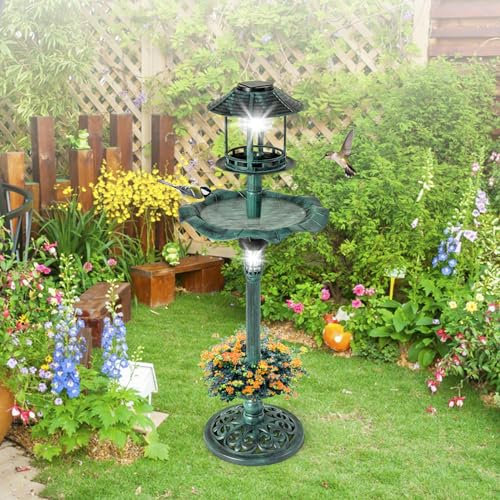 GYMAX Bird Bath and Feeder Station, 4 in 1 Weatherproof Bird Feeding Table with Solar Powered Light, Flower Planter and Fillable Stand, Freestanding Birdbaths for Outdoor Hotel Garden (Bronze)