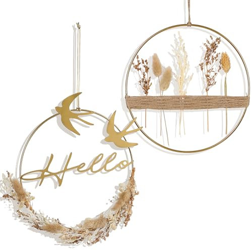 Optyuwah Couronne de Fleurs séchées avec Anneau en métal doré - 2 Fleurs séchées - Décoration de fenêtre - pour Toute l'année - Couronne de Fleurs séchées - pour Mur, Porte, fenêtre