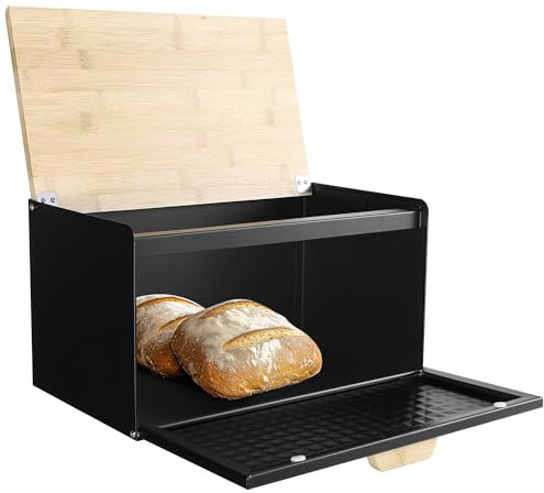 Navaris Metal Bread Bin Container with Bamboo Lid - Large Aesthetic Black Bread Bins for The Kitchen - Bread Box Containers for Small Items Storage - Bread Storing Bin Set
