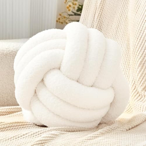 Neegaurd Rund Knotenkissen Beige, 28cm Ball Dekokissen Beige Weiß, Boucle Knoten Zierkissen Aesthetic Sofakissen aus Lamm Samt, Bett Deko Kissen Runden für Kind Schlafzimmer