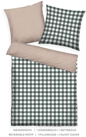 TOM TAILOR Flanell-Bettwäsche, 80x80 cm + 135x200 cm, 100% Baumwolle/ Flanell, Mit Wendemotiv und farbigem Markenreißverschluss, CLASSIC CHECK Grün, Braun (Forest & Rusty Red)