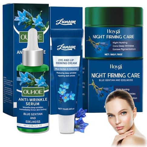 3 Stück Bio Festigende Nachtpflege, Blauer Enzian & Edelweiß, Anti Falten Serum, Edelwe Augencreme, Festigende Gesichtscreme Set, Natürliche Inhaltsstoffe, Anti-Aging-Gesichtspflege