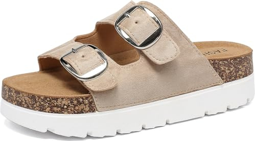 Ciabatte Estive Donna con Tacco Plateau Sandali con Plantare in Sughero Comodi Slide Doppia Fibbia Pelle Scamosciata Antiscivolo Pantofole Gomma Suole Pantofol Estiv