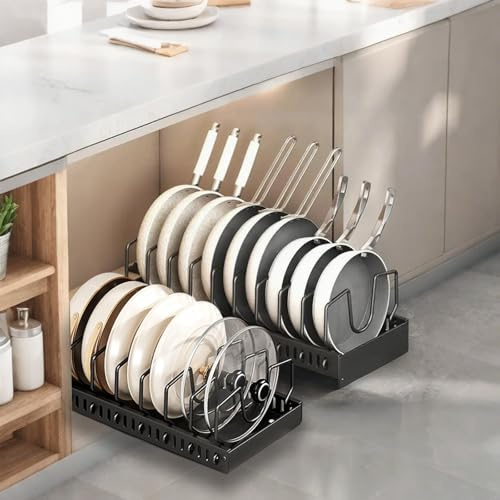 Zjyufy Organizador de Ollas y Sartenes 2 unidades, Extensible Organizador Tapas Ollas con 8 Compartimentos Ajustable, Soporte Tapas Ollas y Sartenes para Cocina, Negro