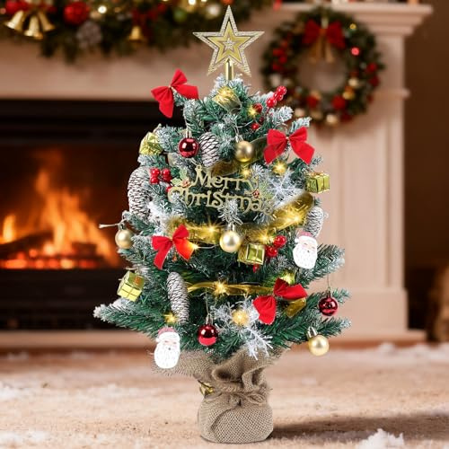 Gkstly Mini Albero di Natale Piccolo con luci Incorporate, 60cm Albero di Natale Artificiali, Mini Albero di Natale Artificiali con Stelle e Pigne Ornamenti Natalizi in Home Decorazione da Tavolo