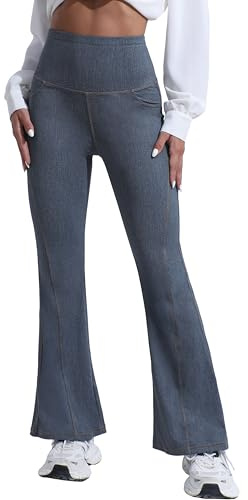 GRECERELLE Dambyxor, yogabyxor, joggingbyxor, hög midja, fritid, utsvängda jeans för kvinnor, sportbyxor, elastiska jazzbyxor, arbete, ledig, kontor, yogabyxor med fickor, Ljusblå, M