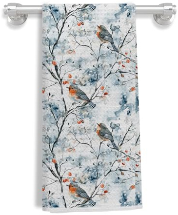 EKGJW Christmas Winter Bird Kitchen Towels-Vintage Watercolor Robin Branch Dish Tea Towels for Kitchen, Farmhouse Blue Red Berry Decorative Hand Towel for Bathroom, 16x24 Inch