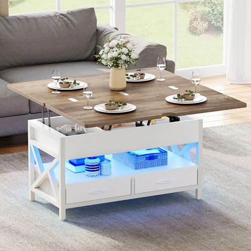 YITAHOME Mesa de Centro Elevable y Extensible, Mesa Salon con 2 Cajóns y LED y Compartimento Oculto, Mesas elevables Modernas,90x50x51,5 cm