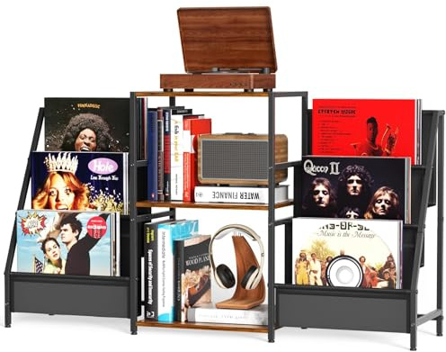 Soporte tocadiscos, mesa auxiliar de 3 niveles, almacenamiento de discos de vinilo de hasta 200 álbumes, 123 x 30 x 73 cm, soporte de mesa giratoria para la visualización y almacenamiento en el salón