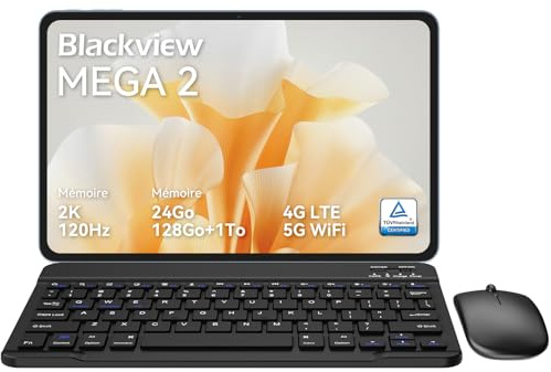 Blackview Mega2 Tablet 12 Zoll Android 15 Tablets, 24GB RAM+128GB ROM, 120HZ 2K FHD Gaming Tablet mit Tastatur Maus Stift Kopfhörer, 4G LTE+5G WiFi, 9000 mAh, WideVine L1, Dual Kamera, Face ID, Blue