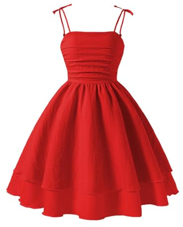 Girls Party Dress Girl's Summer Dresses Spaghetti Strap Swing Pleated Dress Tween Kids Flowy Front Ruched Boho Beach Casual Midi Sunddress for Princeess Birthday Wedding Prom Gown (A-Red, 12 Years)