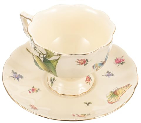 DIYEAH Set Tasse Café Vintage Céramique avec Soucoupe Motif Citron Ouverture pour Thé et Cappuccino Service Élégant pour Maison et Cadeau Fête des Mères