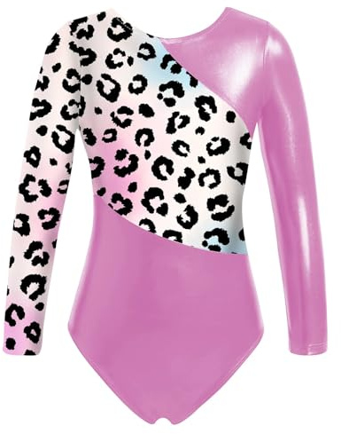 KHASCBNF Gymnastik trikåer för flickor flickor glänsande gymnastisk trikåer balett bodysuit nät långärmad nyckelhål rygg metallisk kontrast figur skridskoåkning overall (färgglad leopard, 4)