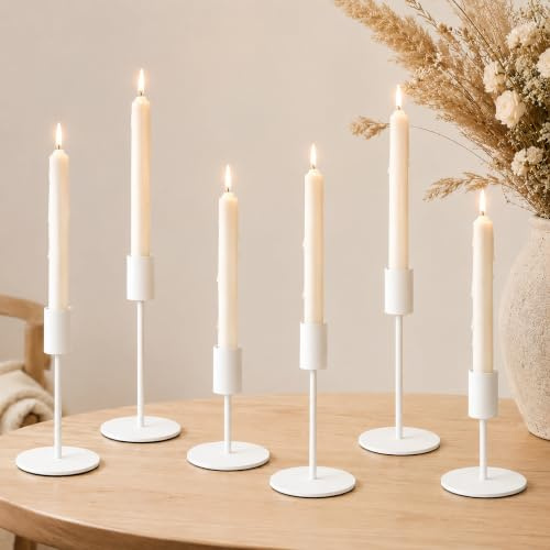 Set med 6 ljusstakar av metall, ljusstakar, stavljus, 16/14/8,5 cm, 3 olika höjder, ljusstakar för bröllop, bordsdekoration, eldstadsinredning och middag (vit)