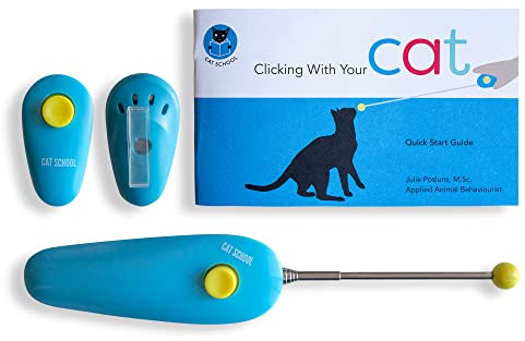 CAT School Clicker-Trainingsset - 1 Katzentraining Clicker, 1 Zielstab, 1 Schritt-für-Schritt-Anleitung (evtl. Nicht in Deutscher Sprache), Clicker-Tools für Katzentraining, Fauststoßtraining,