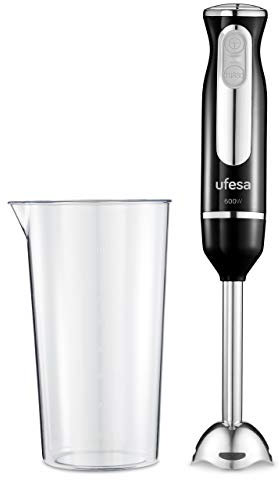 Ufesa BP3442 Stabmixer, 600 W, Turbo-Funktion, 2 Edelstahlklingen und Standfuß, ergonomisches und spritzwassergeschütztes Design, inkl. Messbecher, BPA-frei, schwarz (Black)