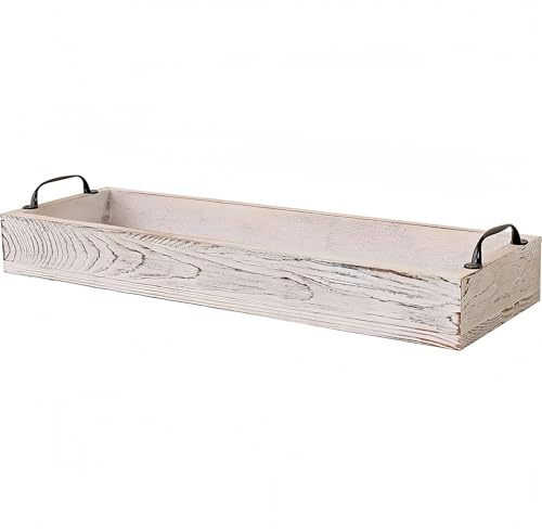 Rustic Wooden Serving Trays Rectangular with Handle,Ottoman Tray for Living Room 16 Inch Long for Serving Wine(whitewashed)