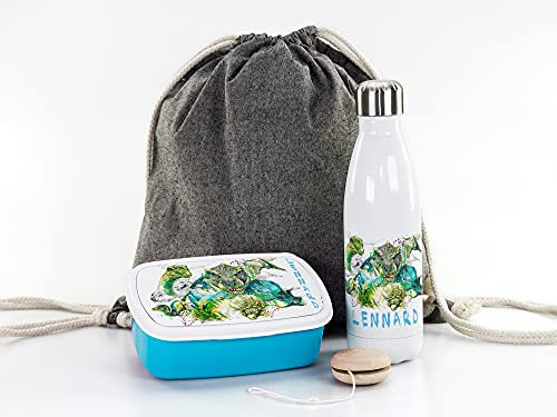 GRAZDesign Dinosaurier Geschenk Junge Einschulung, Sportbeutel, Brotdose mit Trinkflasche personalisiert mit Namen, zum Schulanfang, Edelstahl 500ml