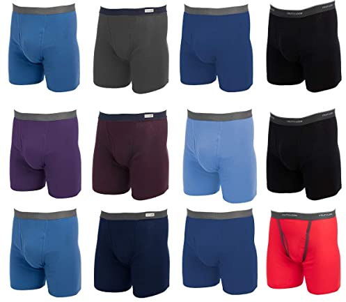 Fruit of the Loom Mens Boxer Briefs 12 Pack Random Underwear Cotton with Fly, Tag Free Large