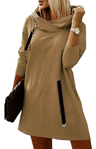 ORANDESIGNE Robe Pull Courte Femme Hiver Chic Sweat À Capuche Zippé Hoodie Sweatshirt Robe Tunique Manche Longue Hoody Hooded Sweat Kaki XXL