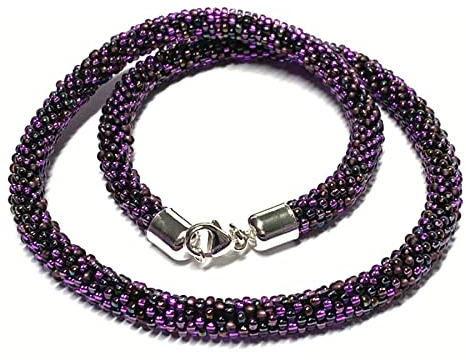 Halskette gehäkelt Glasperlen 925 Silber Schließe Handarbeit Unikatschmuck Häkelkette 51cm lila violett