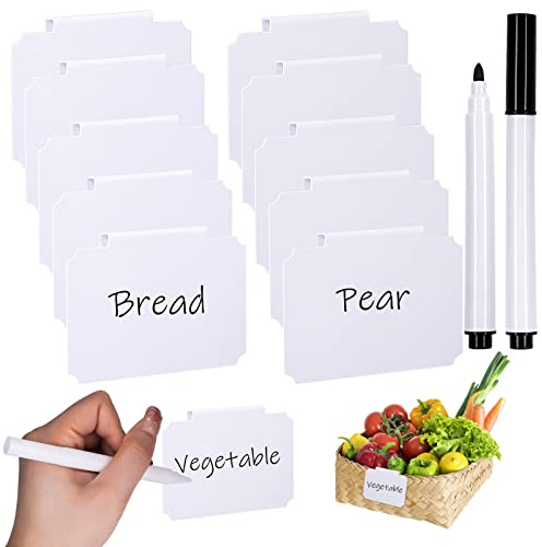 Vaktop Basket Labels Removable Clip Label Holder, 10 Pcs Chalkboard Labels Clips with 2 Pcs Marker Pen - for Storage Bins Shelf Organization Box Pantry Label Clip on (White)