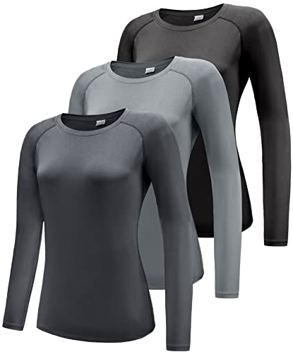 Damen 3er Pack Langarmshirt T-Shirts, UPF 50+ Sonnenschutz Schnelltrocknend Funktionsshirt Laufshirts, Atmungsaktiv Langarm Sportshirt Gym Yoga Top Workout Fitness Oberteil Black/Grey/Dark Grey 3P05-S