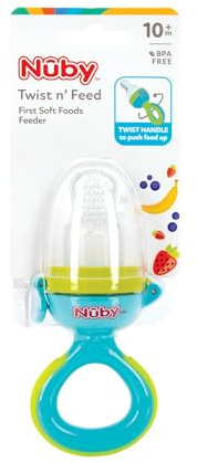 Nuby Twist n' Feed Ciuccio per Frutta e Dentizione, Silicone, 10+ Mesi | Favorisce l'alimentazione autonoma e la motricità fine, coperchio igienico, eroga la pappa con delicatezza