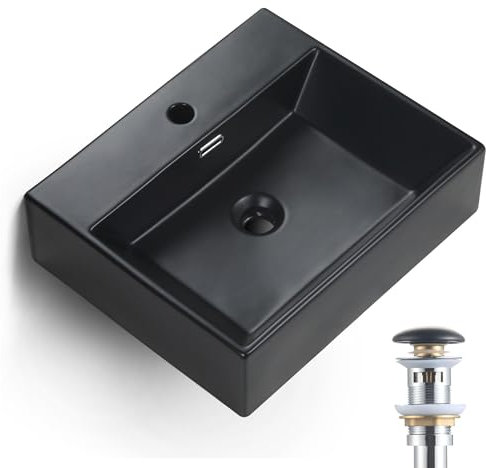 HOROW Keramik Waschbecken Aufsatzwaschbecken fürs Badezimmer, Hängewaschbecken aus Keramik Eckig, wandwaschbecken, gäste wc, waschbecken schwarz- 50cm x 42cm x 14cm