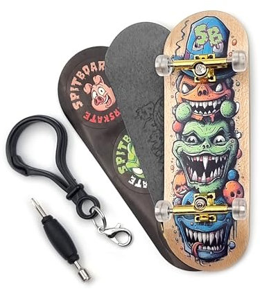 SPITBOARDS 32 * 96 mm Fingerboard Complete Wood Set-Up Assembled, 5-Layers, Silver Trucks with Bushings and Nuts, Transparent CNC Bearing Wheels, Lasered Foam Grip Tape Mad Stake