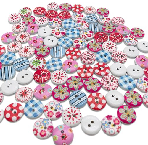 100 Pezzi Bottoni in legno per la lavorazione, Bottoni Rotondi stampato 15 mm con 2 fori, Pulsanti floreali colorati vintage assortiti per Cucire, Maglieria, Pittura, Decorazioni artigianali DIY (A)