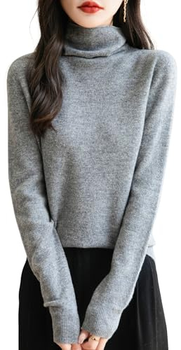 Chanyarn Maglione da Donna in 100% Lana Merino Leggero Collo Alto Lavorato a Maglia Senza Cuciture a Maniche Lunghe Tops (Grey,L)