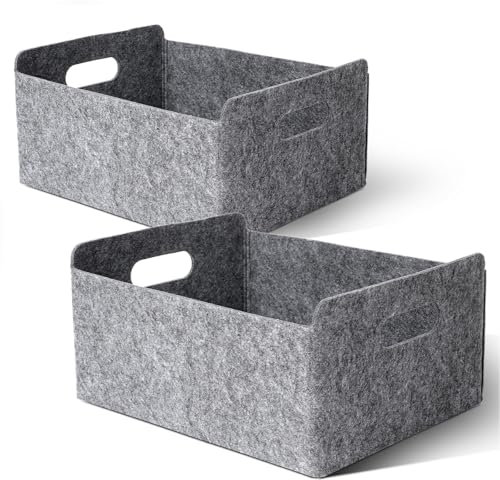 Cozary 2 Piezas Plegable Cesta de Fieltro, Cesta Leña Chimenea con Asas de Transporte, Cesta de Fieltro para Compras, Viaje, Trabajo, Picnic, 30 x 24 x 15 cm, Gris
