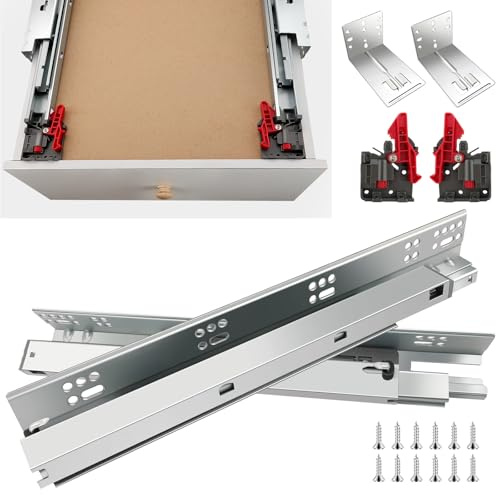 JI2OOYI glissières de tiroir 4 paires (8pcs) 45,7 cm – montage en douceur – extension complète –coulisses invisibles pour tiroir/vis de montage – dispositif de verrouillage et -45,7 cm